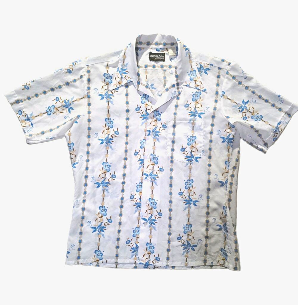 VTG 70s Studio One Campus Dagger Collar button up  L Blue Floral Striped Disco